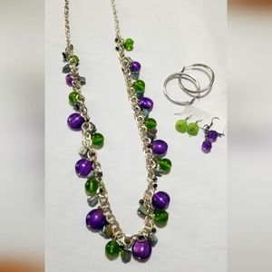 Purple and green beaded necklace with earrings